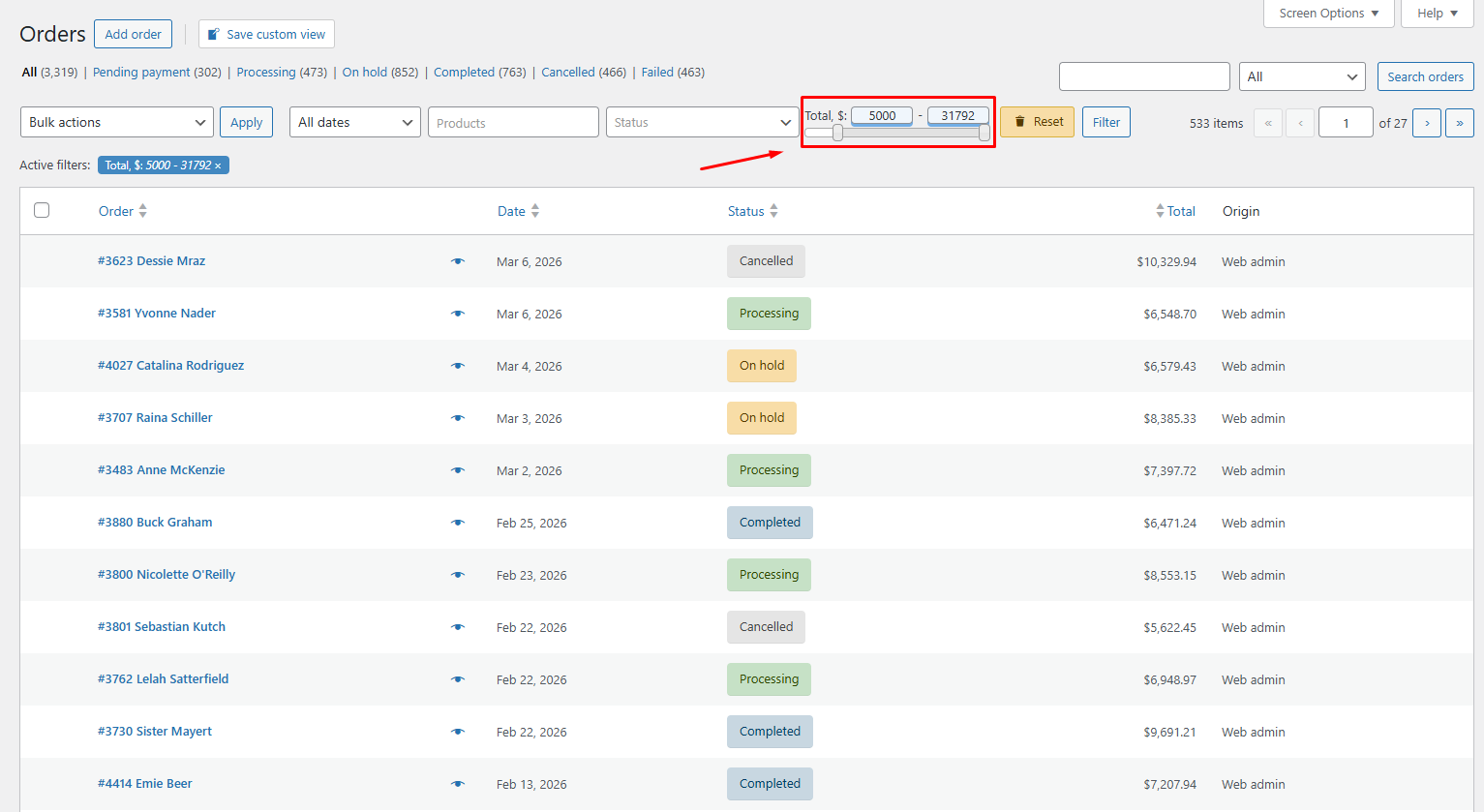 Filtra los pedidos de alto valor woocommerce por mínimo total del pedido