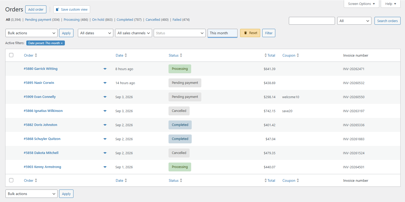 WooCommerce order views for accounting with invoice number and coupon instead of product thumbnails