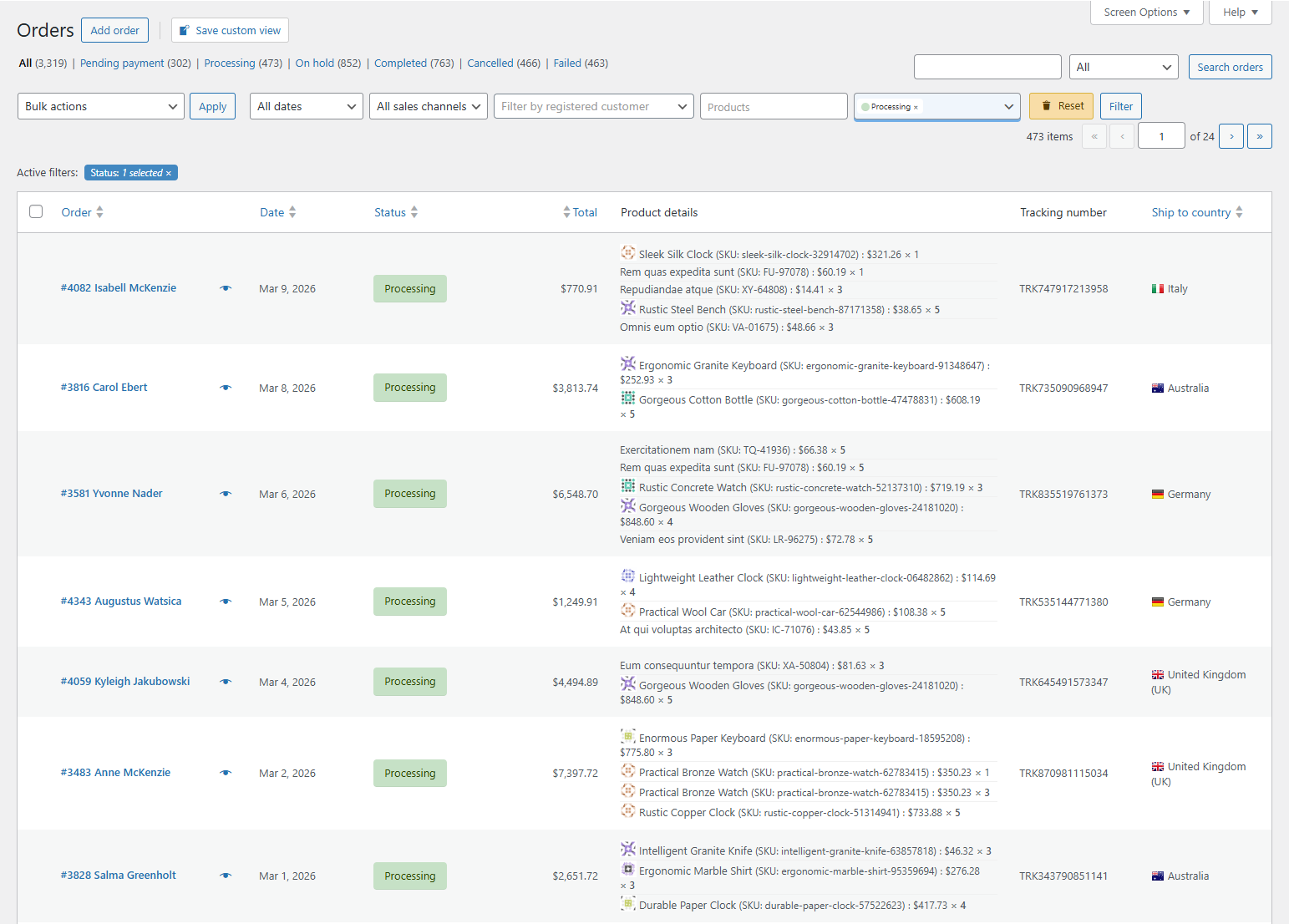 WooCommerce order views for warehouse packing: Processing orders with SKU, tracking, and ship-to country