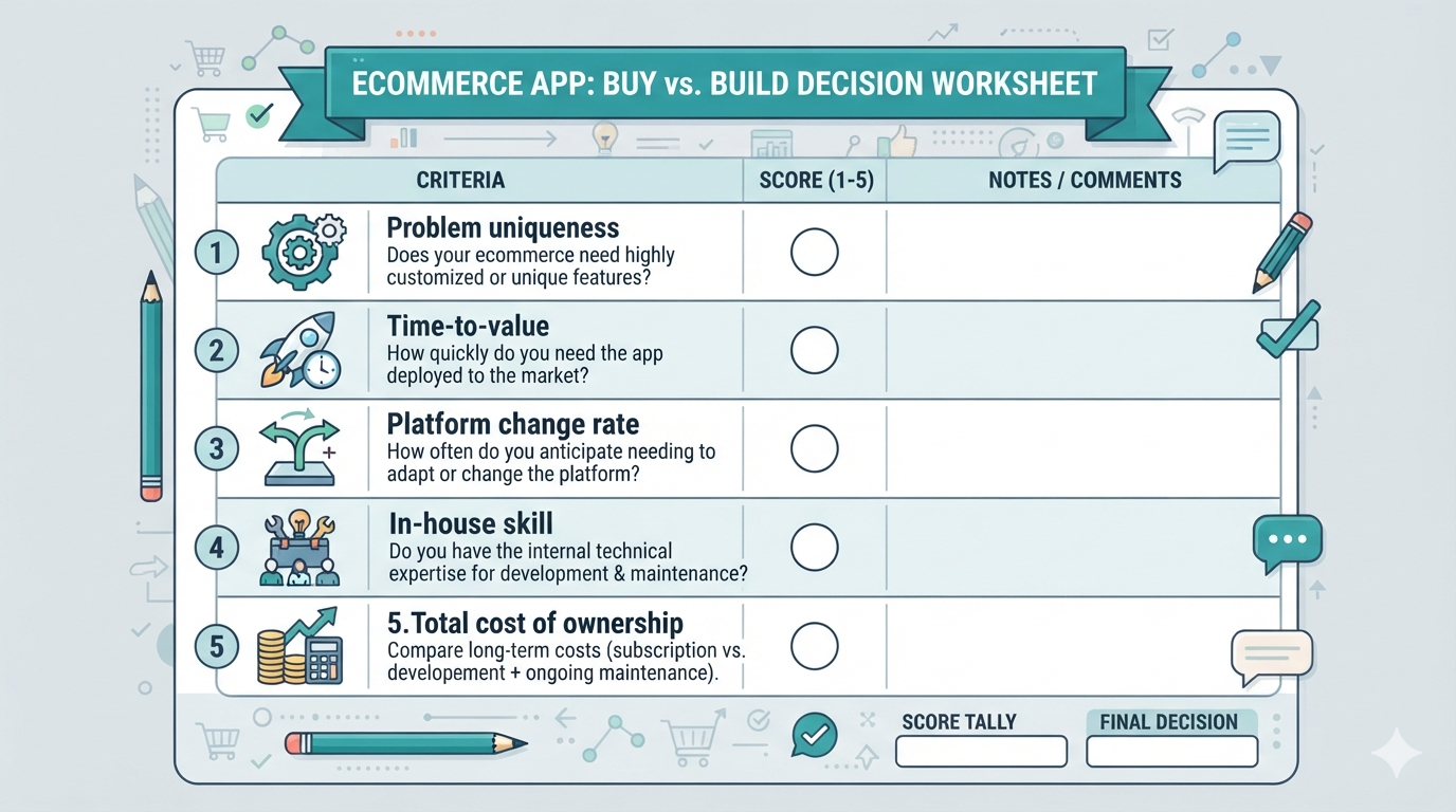 Checklist de una página para comprar vs desarrollar app ecommerce con puntuación de 1 a 5