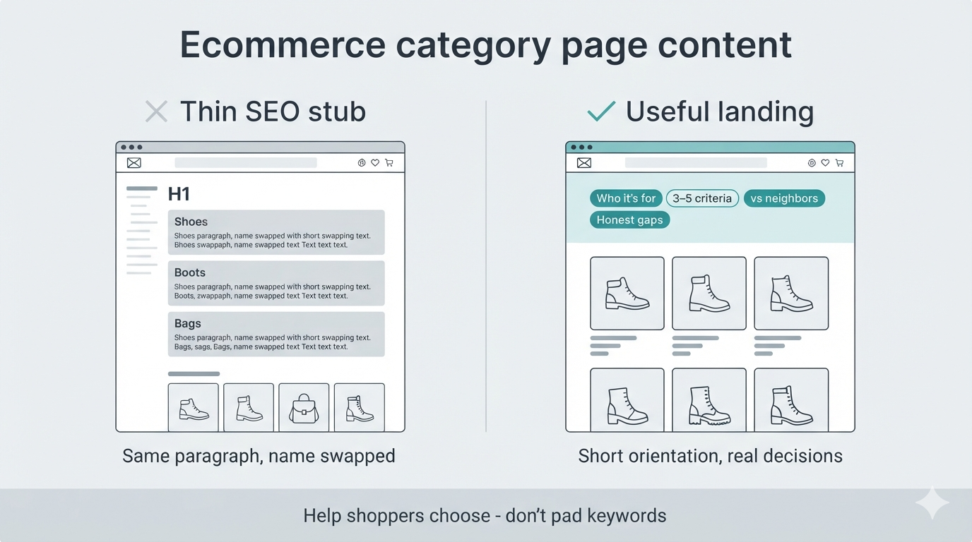 Contenu page catégorie ecommerce : stub SEO maigre vs texte d'atterrissage utile