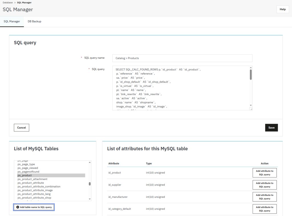 PrestaShop export CSV - SQL Manager under Advanced Parameters Database