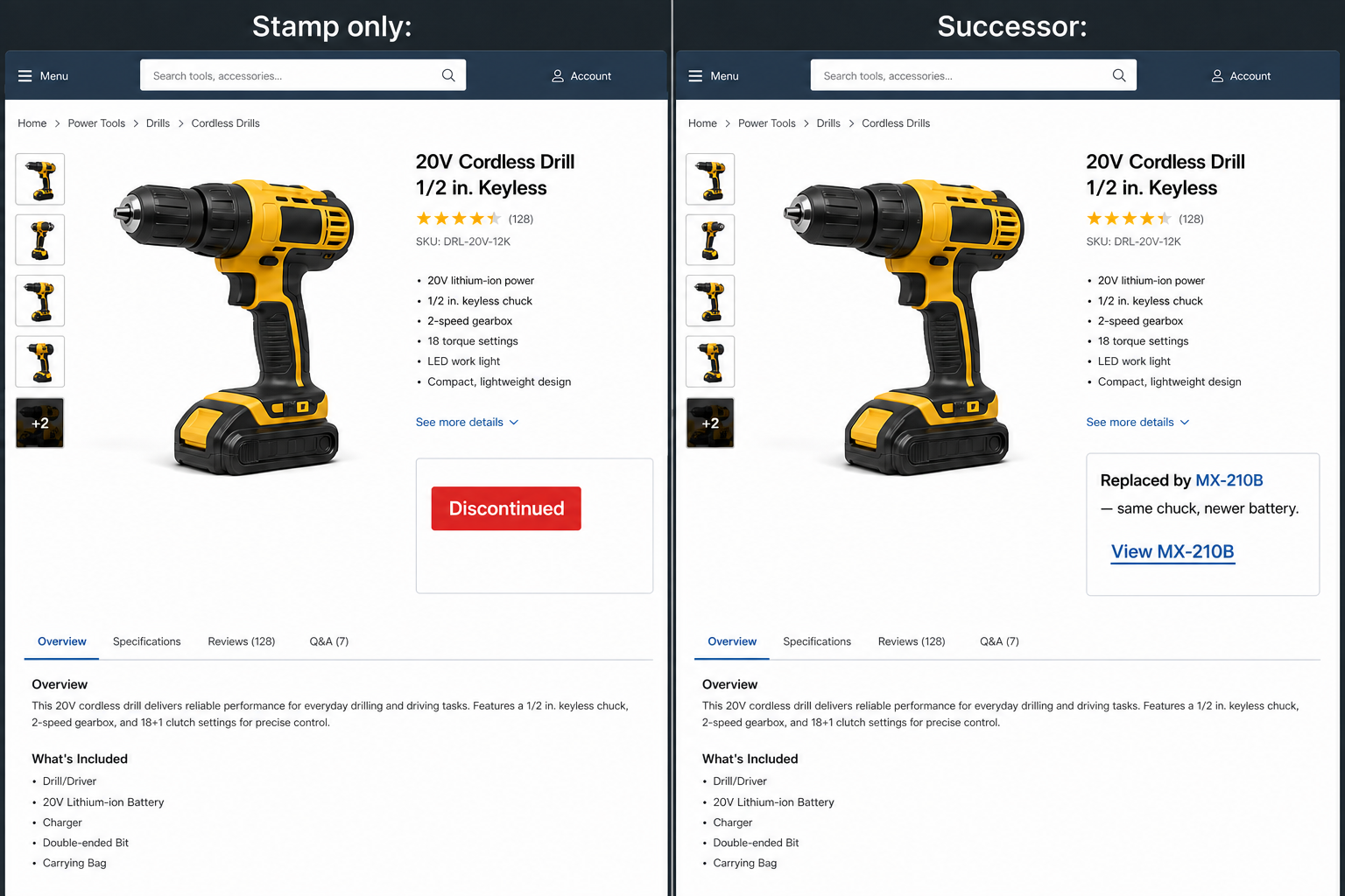 Discontinued product page: a Discontinued stamp vs a link to the successor product