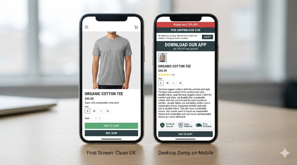 Mobile product page first screen: clear buy path vs desktop dump