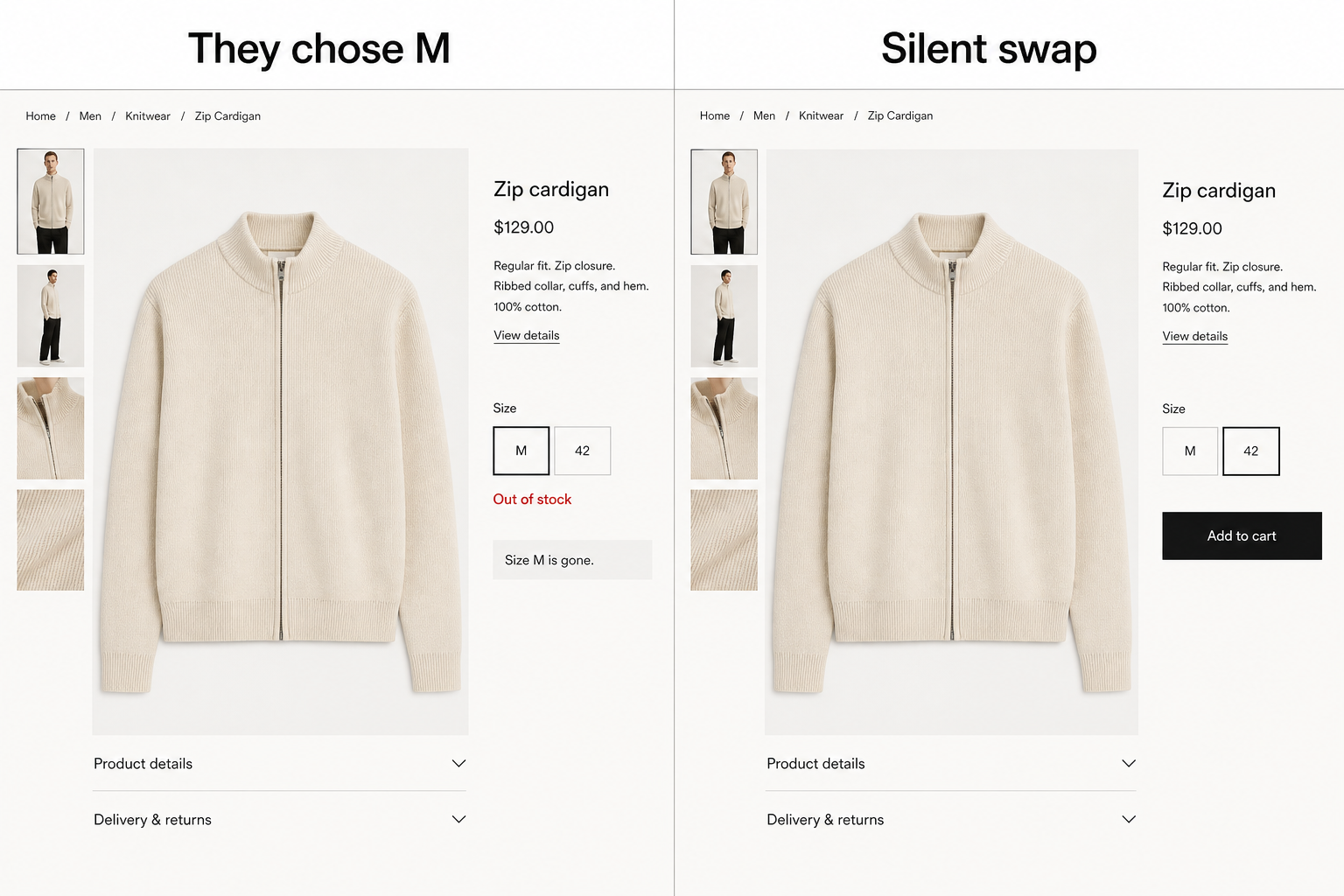 Out of stock page: they chose size M, the theme silently swapped to 42