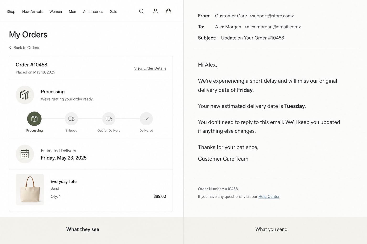 Where is my order: order page still on Processing vs a delay email with a new date
