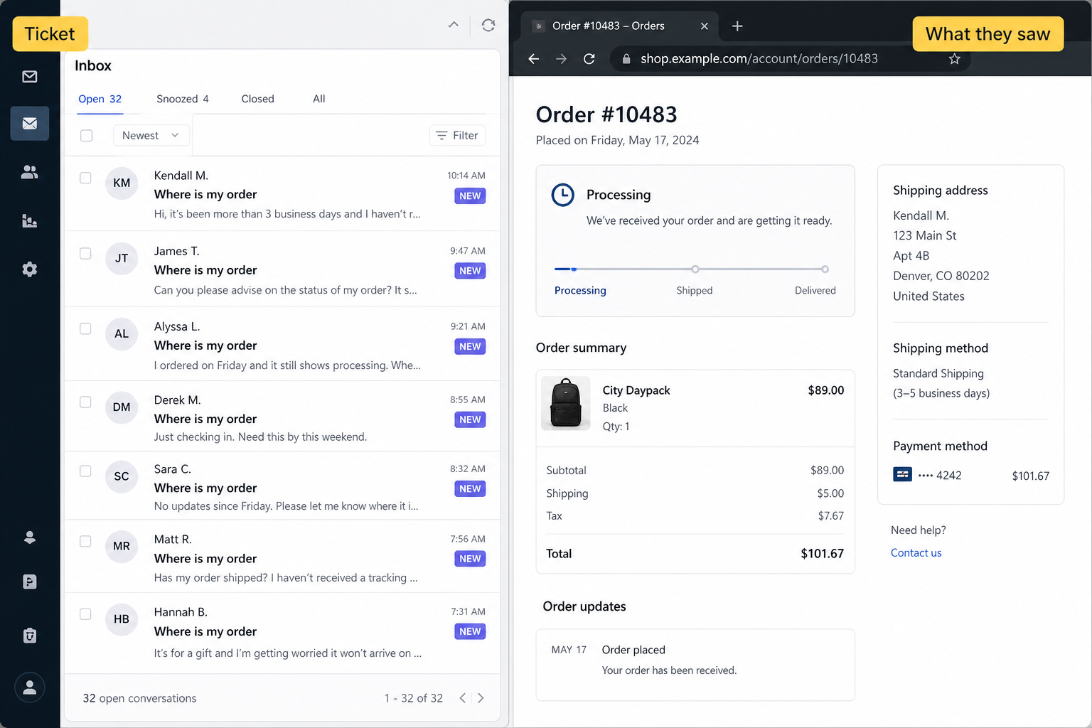 Where is my order ticket next to an order page still showing Processing and the old date