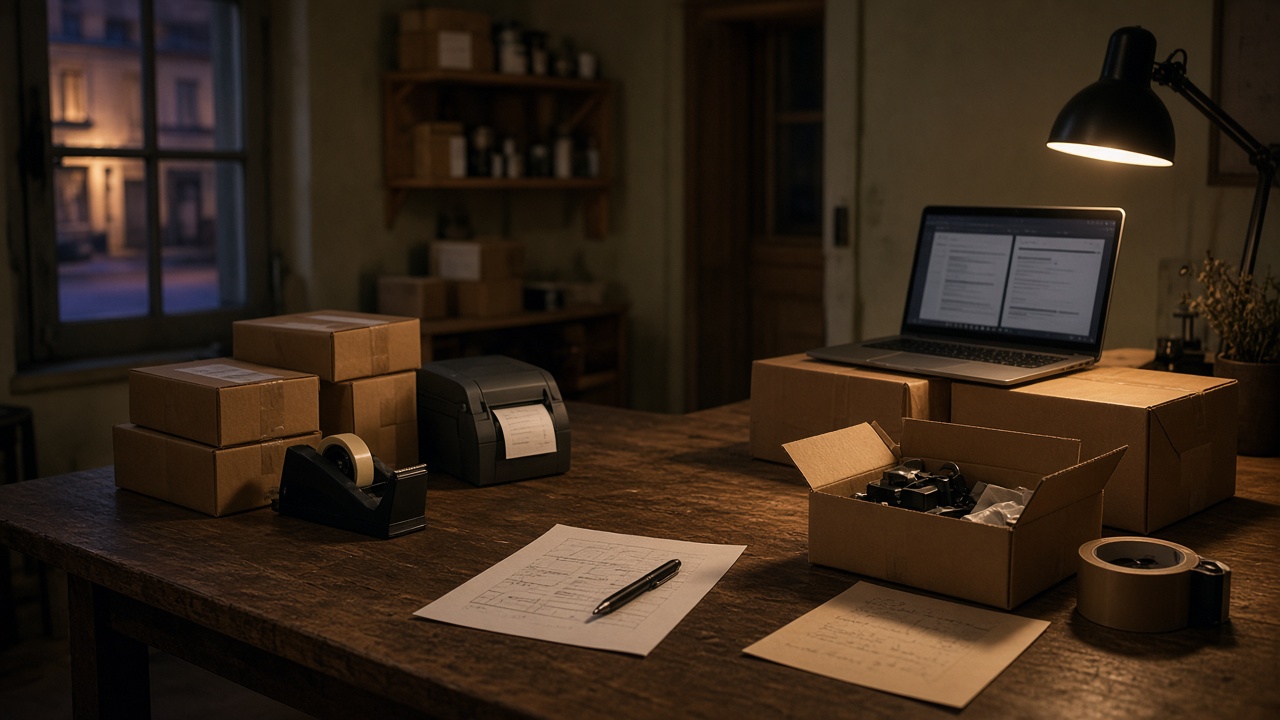 Table d'emballage le soir avec colis et deux fichiers de ventes dans une petite boutique en ligne