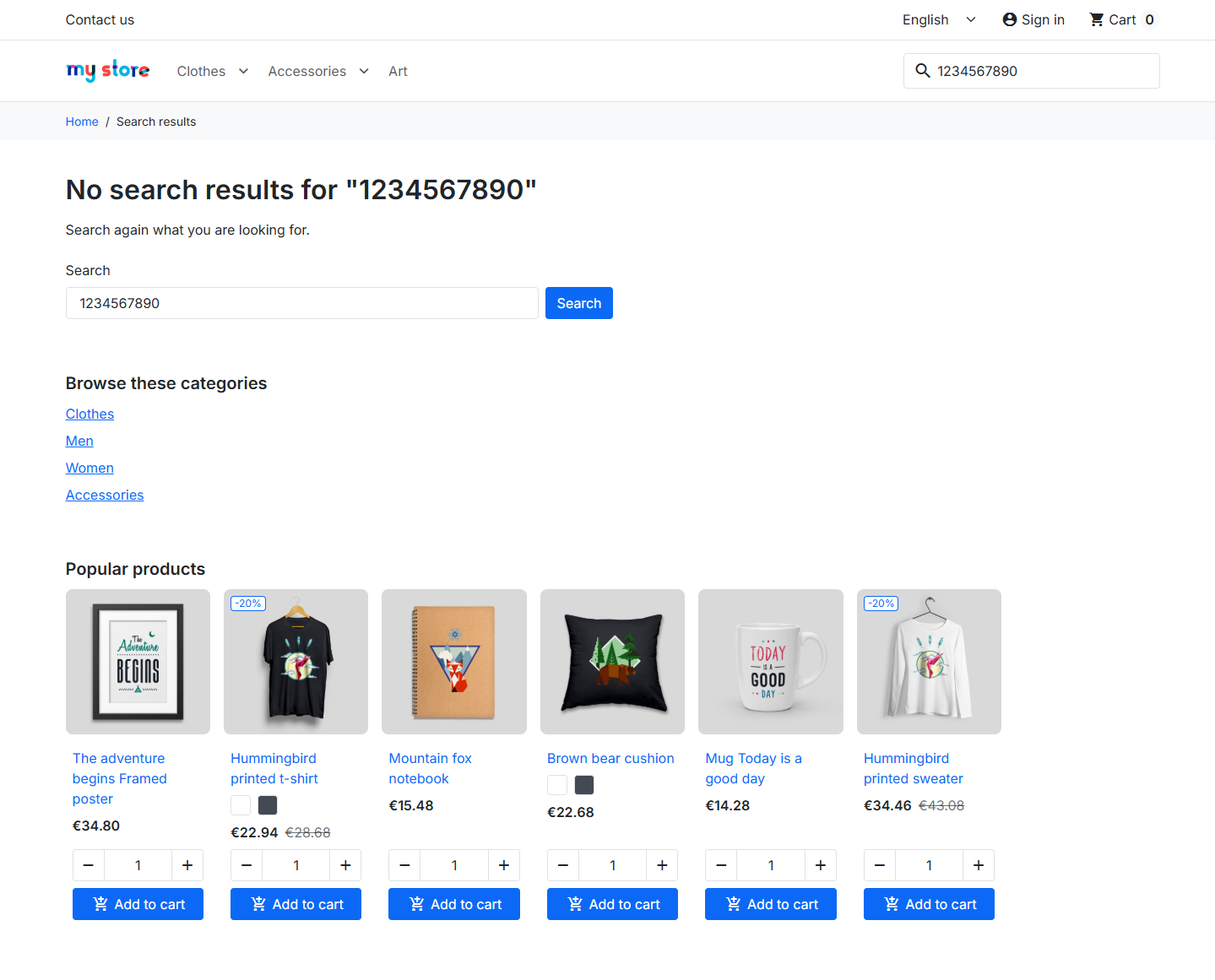 Recovered PrestaShop empty search: the query in the heading, a content search form, category links, and in-stock popular products