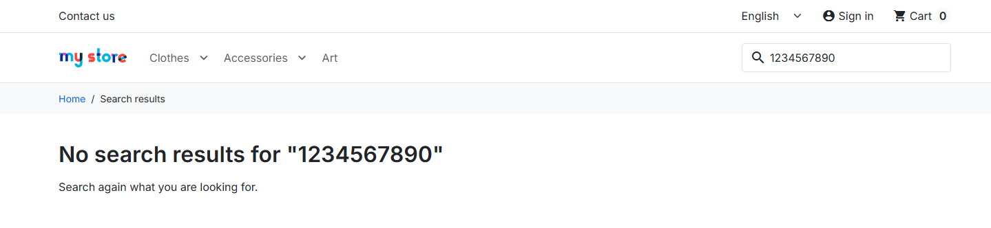 PrestaShop empty search with no matches: heading No search results for 1234567890, a try-again line, and only the header search field
