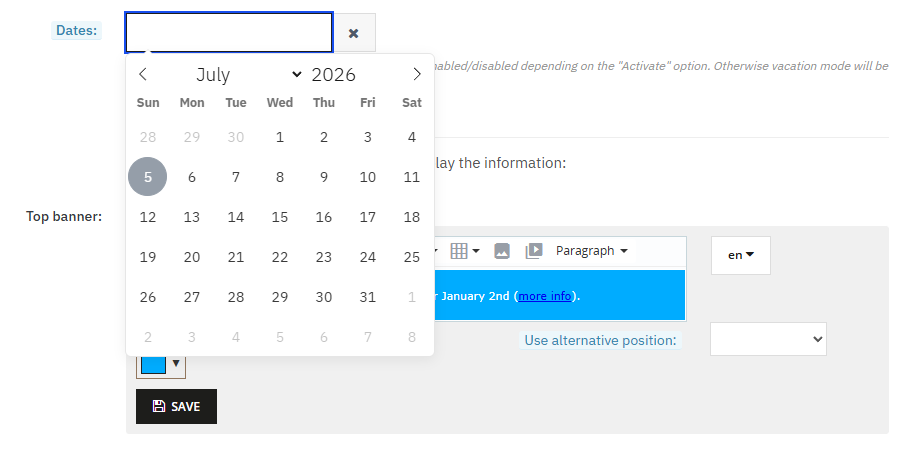 Scheduling vacation dates in Vacation Mode for PrestaShop