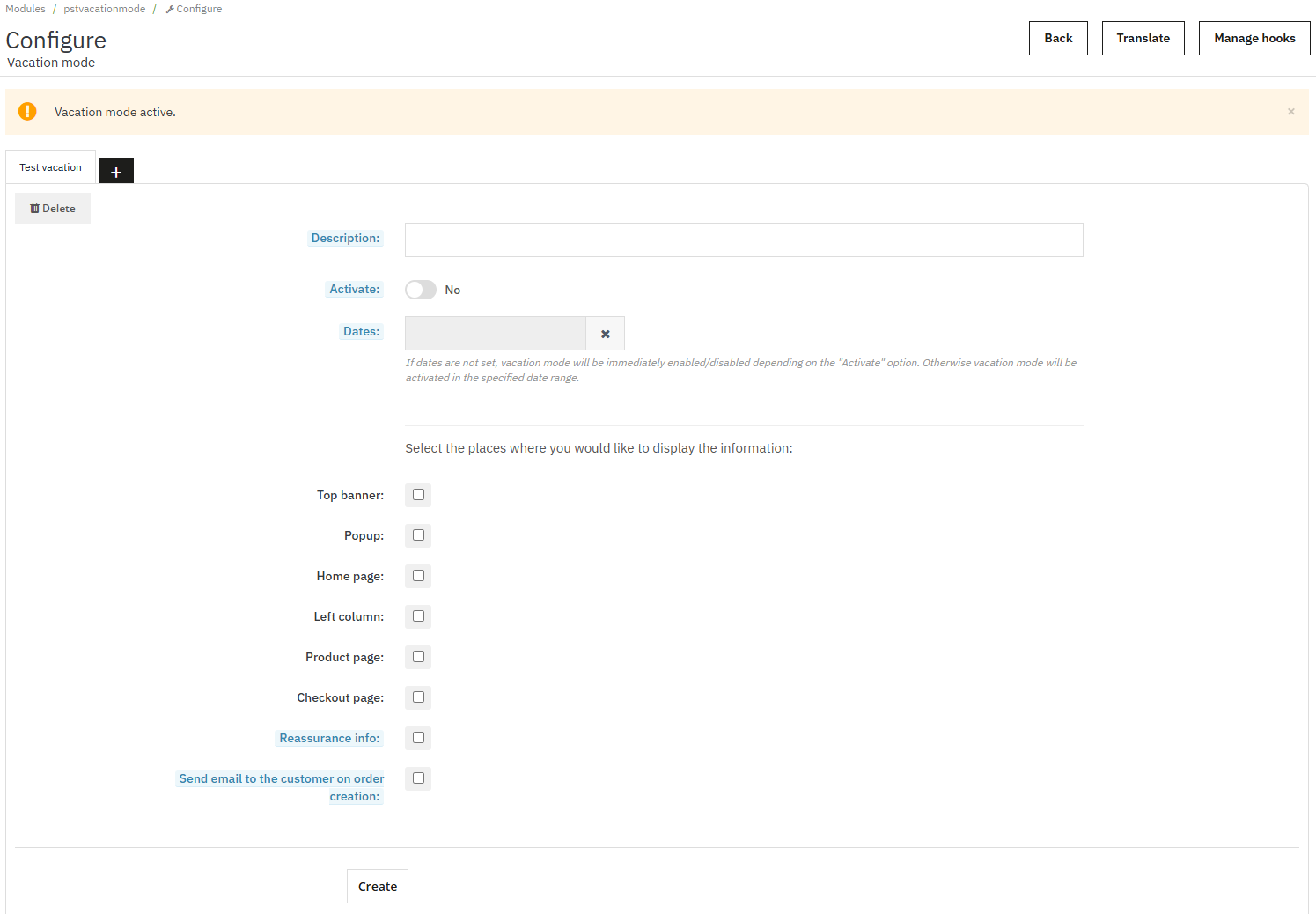 Creating a new vacation profile in Vacation Mode for PrestaShop